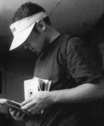 Josh Davies AKA DJ Shadow sifts through some 7s for a bassline, yesterday